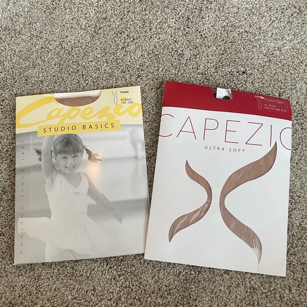 New girls tan capezio tights size L